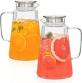 2PCS Ribbed Glass Pitcher Set – 71oz Heat-Resistant Beverage Jugs with Lid for Water, Iced Tea, Juice, Coffee – Large Borosilicate Carafes for Hot & Cold Drinks, Elegant Serving Pitchers (Clear-2PCS)