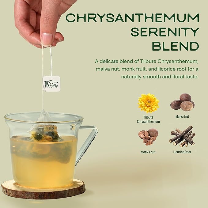 Tea Facto Speak Easy* Chrysanthemum Tea Bags with Licorice Root, Mulva Nuts Monk Fruit - Natural Fiber, No Added Sugar, No Caffeine - 10 Count
