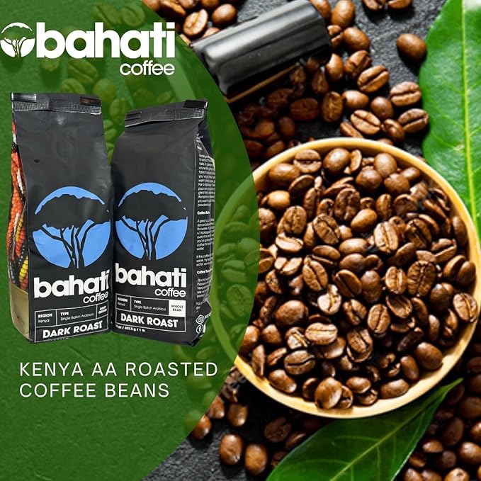 Kenya AA Grade Roasted Arabica Coffee Beans from Kenyan Highlands - 100% Pure Roasted Coffee Beans - Dark Roast Whole Beans, 2 LB
