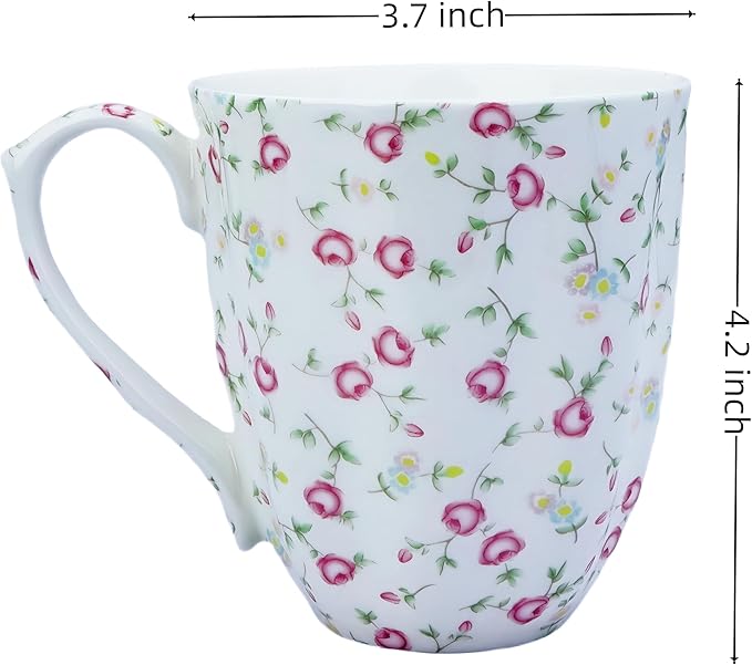 14oz Bone China Coffee Mug Floral Bone Mug Cute Coffee Mug Teacup for Women Mom Friend (small pink rose)