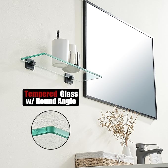 JQK Bathroom Glass Shelf Black, Tempered Glass Shower Storage 16 by 5 inches, 304 Stainless Steel Matte Black Wall Mount 2 Pack, TGS201L16-PB-P2