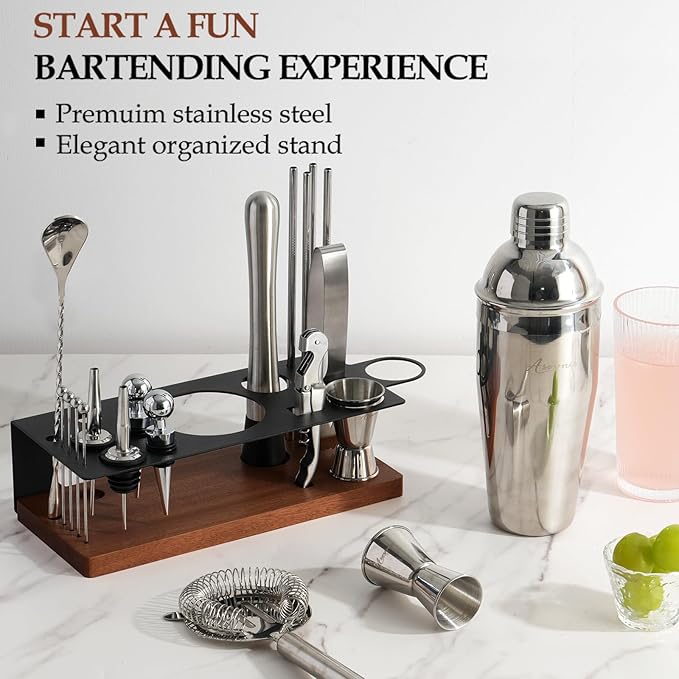 23-Piece Bartender Kit, Cocktail Shaker Set with Stand | Bar Drink Mixer Set with All Essential Bar Tools: Martini Shaker, Jigger, Strainer, Muddler, Pourers, for Home, Bar, Party (Brown)