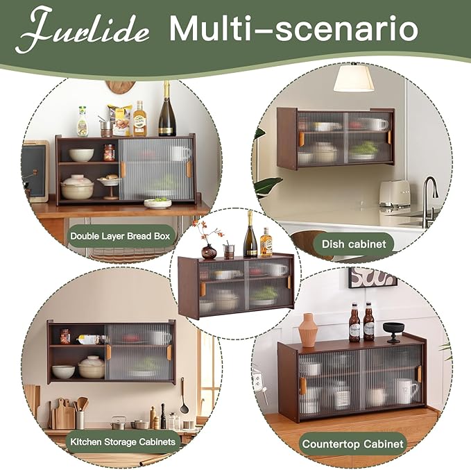 Wall Mounted Bamboo Countertop Storage Cabinet with Glass Door, Hanging Kitchen Cupboard with Adjustable Shelves, Small Pantry Sideboard for Dining Room, Bathroom, Walnut