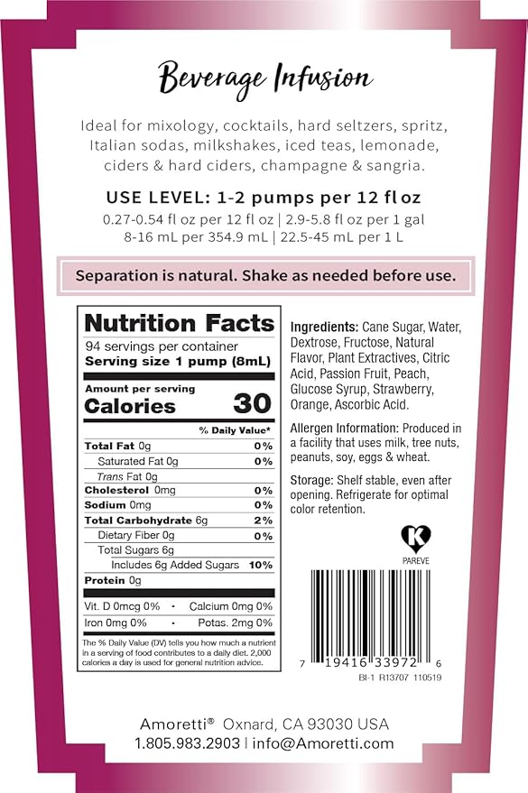 Amoretti - Tropical Beverage Infusion - Drink Mix & Water Enhancer with Pump for Flavoring Cocktails, Waters, Teas, and other Beverages, 94 Servings Per Bottle (750 ml), Preservative Free