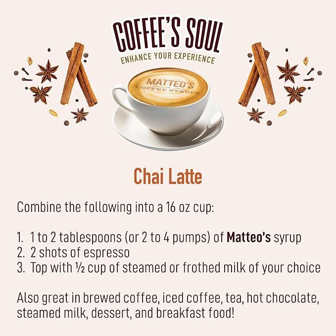 Matteo's Chai Syrup for Coffee, Lattes, Cappuccinos & Desserts – Sugar-Free Sweetener for Beverages, Keto Friendly, Zero Calories, Indulgent Flavor, Non-Alcoholic, Ideal for Hot Drinks 33.8oz (6pk)