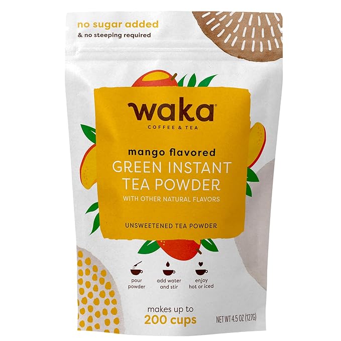Waka Instant Green Tea Mix, Mango Flavored - 100% Tea Leaves, No Additives, Unsweetened Tea Powder in Bulk Pouch – Easy Quick Hot and Iced Teas, Up to 200 Cups (4.5oz)
