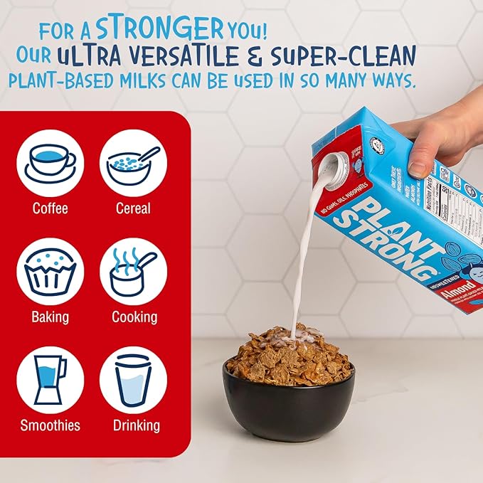 PLANTSTRONG Almond Milk Unsweetened 32oz (6 Pack) and Recipe Guide - NON-GMO - Plant Based, Vegan - Gluten Free Dairy Free - Shelf Stable - Lactose Free Milk - No Gums or Oils