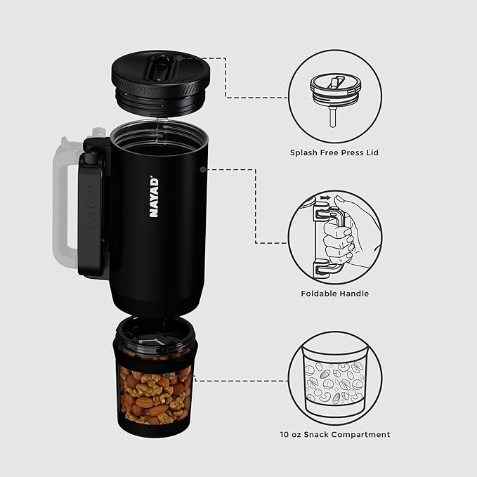 NAYAD 22 oz Flip Straw Tumbler with Handle & 10oz Snack Container Insulated Stainless Steel Water Bottle with Foldable Handle Dual Lids for Travel Gym Car Daily Use Christmas gifts (black)
