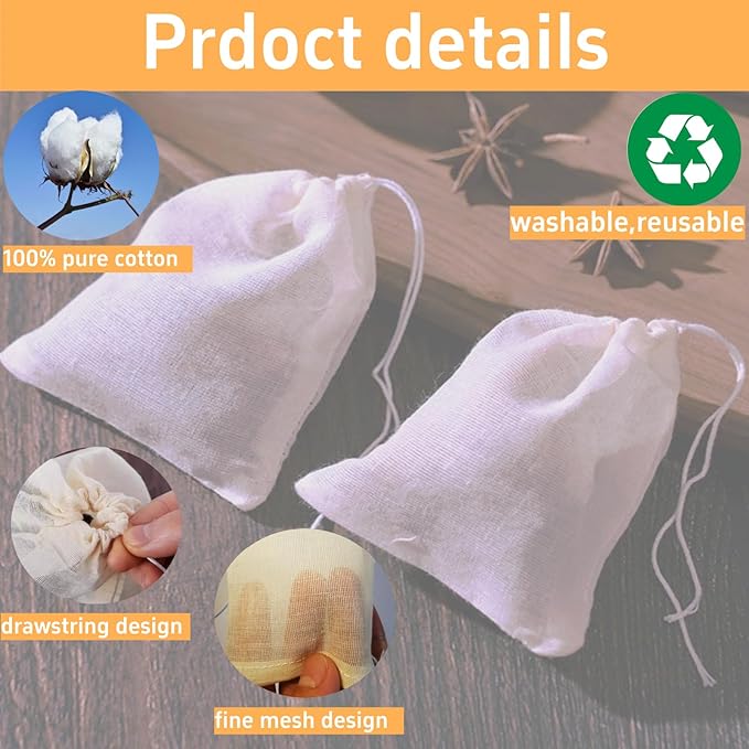 [40PCS Natural] Reusable Cotton Muslin Drawstring Bags – 20pcs 4x6" + 20pcs 3x4" Unbleached Tea Filter Bags for Loose Leaf Tea,Herbs,Spices,Soup,Cold Brew Coffee,DIY Sachets,Eco-Friendly & Washable