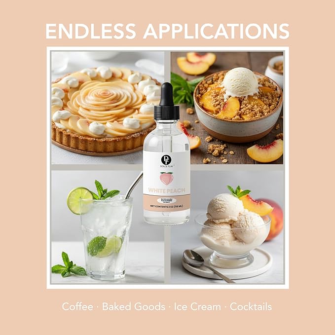Dolce Flav Natural White Peach Extract 2 oz – Kosher, Sugar-Free, Concentrated Sweet White Peach Flavoring for Beverages, Desserts & Baking, Includes Measured Dropper