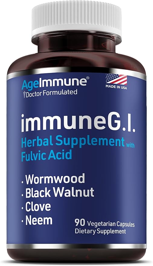 AgeImmune ImmuneG.I. Wormwood Black Walnut Clove Neem Fulvic Acid- Intestinal Cleanse Formula Doctor Formulated to Support Gut Health and Detox - No Stearates, No Dioxides – 90 Capsules