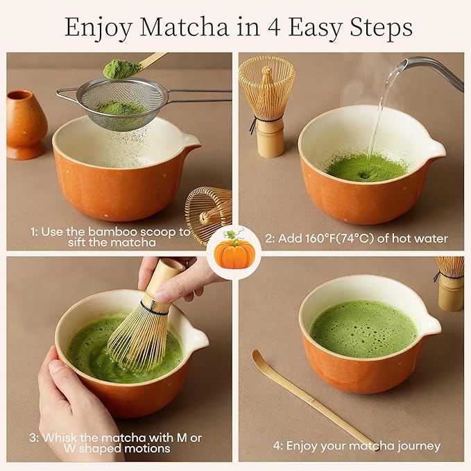 5 PCS Matcha Whisk Set Includes Matcha Bowl with Spout, Bamboo Whisk (Chasen), Whisk Holder, Sifter, Scoop, Matcha Starter Kit for Matcha Lovers, Matcha Set with Pumpkin Design, Orange
