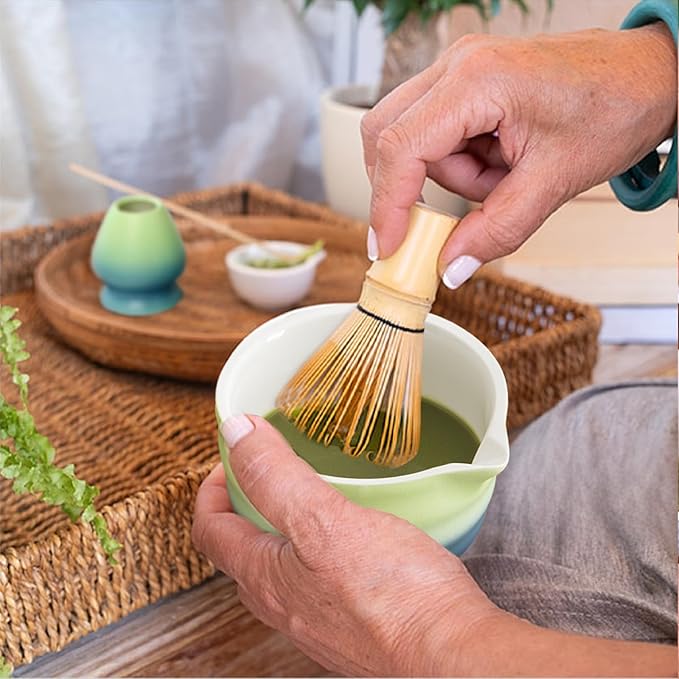 Matcha Whisk Set, 8 Pcs Ceramic Match Bowl with Spout and Bamboo Matcha Whisk and Holder, Bamboo Spoon and Scoop, Sifter, Tea Towel, Matcha Kit for Matcha Tea Ceremony (Gradient Blue Green)