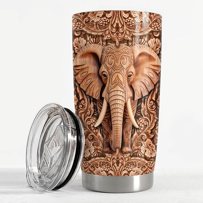 SANDJEST Elephant Tumbler 20oz Elephants Wood Drawing Stainless Steel Insulated Tumblers Coffee Travel Mug Cup Gifts for Women Men Elephant Gift for Birthday Christmas