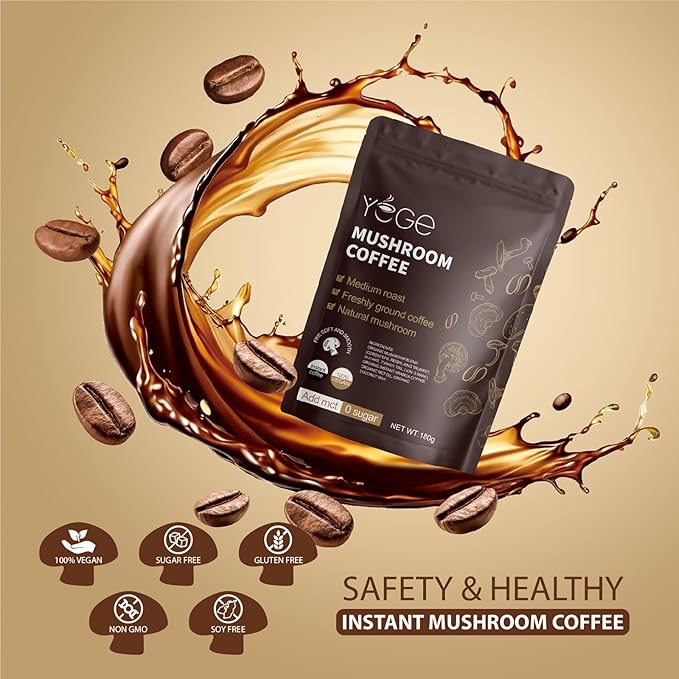 Mushroom Coffee, Instant Mushroom Coffee with Cordyceps, Reish, King Trumpet, Shitake, Turkey Tail, Lions Mane for Energy, Focus, Positive Mood & Immune Support (30 Servings)