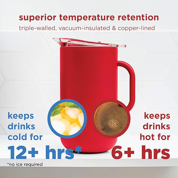 Served Premium Insulated Pitcher (2L/66oz) - Double Walled, Copper Lined Stainless Steel Pitcher with Lid - Vacuum Insulated Carafe for Hot Coffee, Tea, Iced Drinks, Water, Cocktails, and More