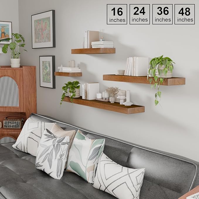IAE Walnut Floating Wall Shelves 48 inch, Bathroom Shelf Wall Mounted,Invisible Shelving Floating Kitchen Shelf,Wooden Wall Shelves with Brackets for Living Room Wall Mounted,Easy Install,Set of 2