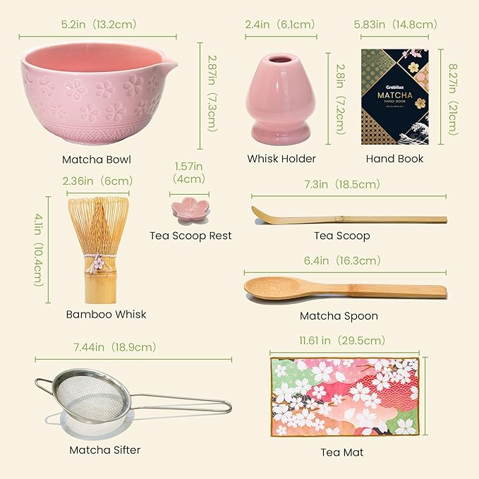 Matcha Whisk Set, Pink Matcha Kit (9 Pcs) Includes Bowl, Whisk, Holder, Scoop, Sifter, Spoon, Rest, Mat, Book - Exclusive Patented Ceramic Matcha Set for Matcha Lovers