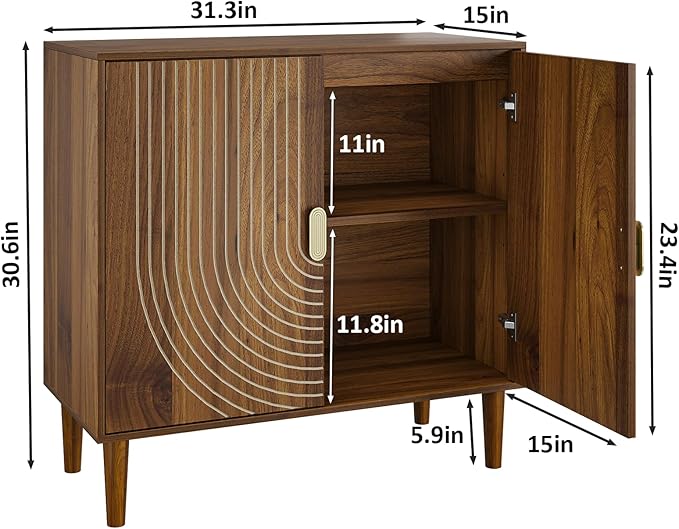 Sideboard Buffet Cabinet with Storage,Sideboard Buffet with Doors and Adjustable Shelf,Wooden Storage Cabinet, 31.3”W x 15.0”D x 30.6”H (Walnut)