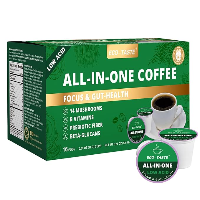 Mushroom Coffee K Cup Low Acid - Single Origin – Focus & Gut-Health with 14-Mushrooms, Vitamins, L-Theanine and Alpha GPC, Single Serve Pods - No Crash or Jitters, 16 Count