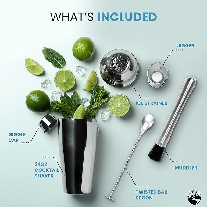 24oz Cocktail Shaker Set - Martini Shaker w Built-in Drink Shaker Strainer, Muddler, Jigger, Mixing Spoon, Recipe Book for Bartending - Bar Shaker/Alcohol Shaker