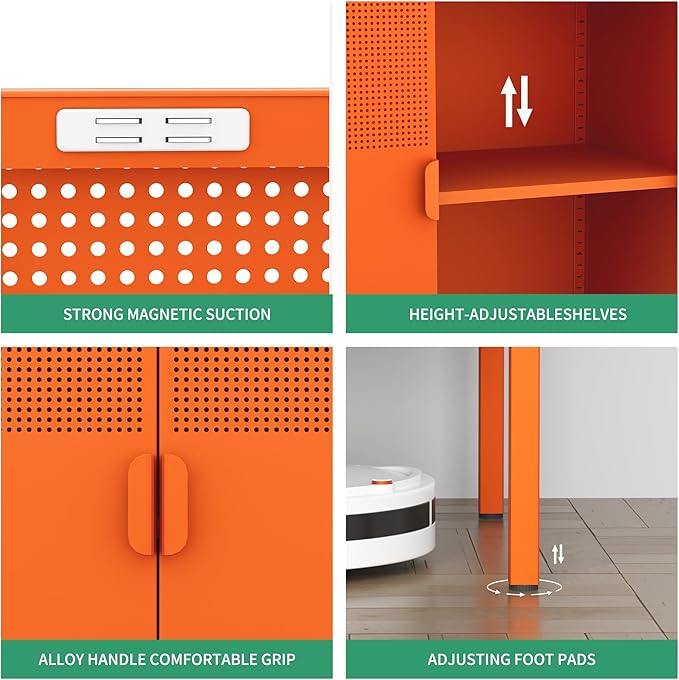 Metal Storage Cabinet,Kitchen Pantry Storage Cabinet,Metal Sideboard with 2 Doors and 2 Adjustable Shelves,Orange Locker Cabinet for Home,Bathroom,Hallway,Office,Dining Room