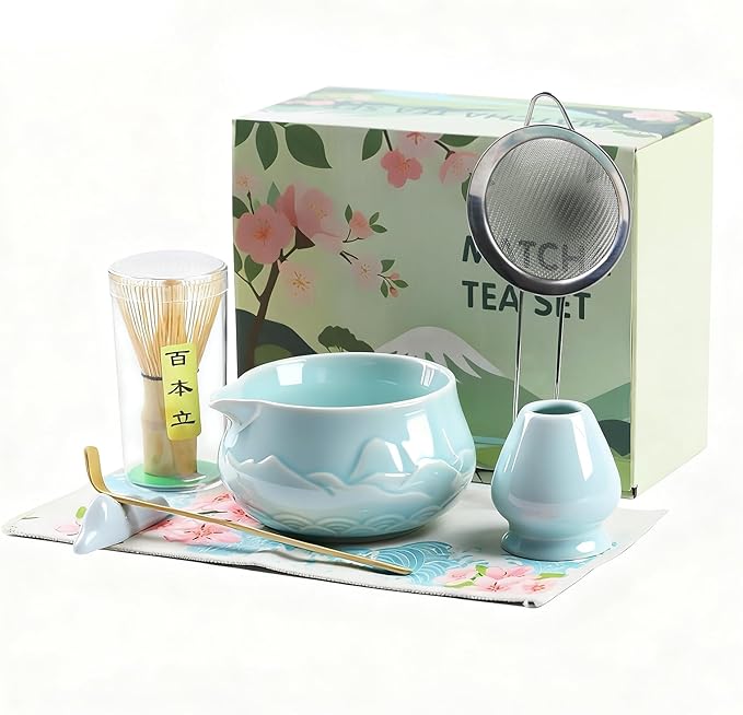 Matcha Whisk Set–7pcs Japanese Matcha Set Kit with Matcha Bowl, Bamboo Whisk, Whisk Holder, Scoop, Towel &Sifter–Perfect for Tea Ceremonies&Matcha Lovers (Mountain Relief-Celadon)