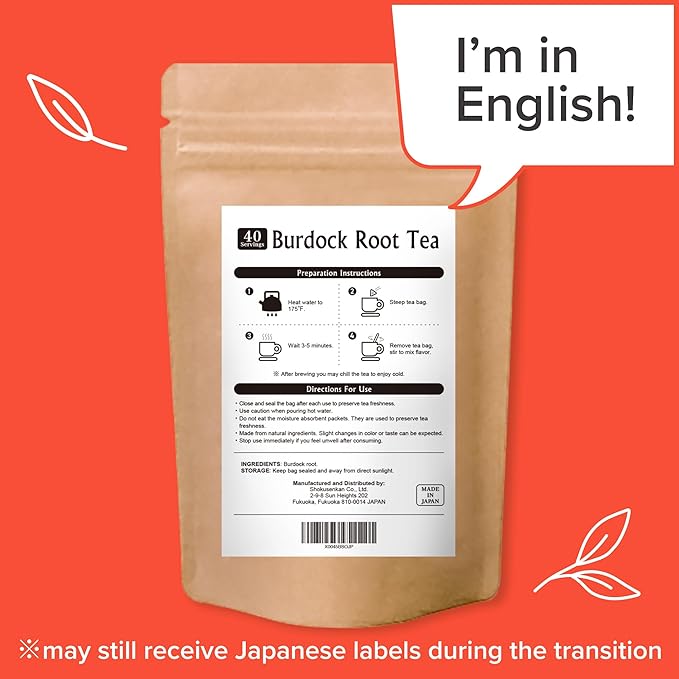 Onkatsu Farm Burdock Root Premium Japanese Tea Bags, Bold Earthy Flavor, Hot or Iced, Caffeine Free, 40 Total Tea Bags