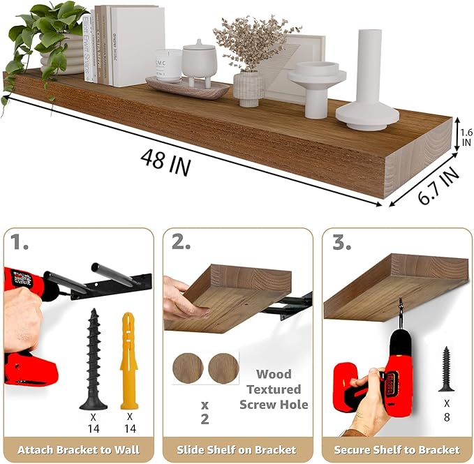 IAE Walnut Floating Wall Shelves 48 inch, Bathroom Shelf Wall Mounted,Invisible Shelving Floating Kitchen Shelf,Wooden Wall Shelves with Brackets for Living Room Wall Mounted,Easy Install,Set of 2