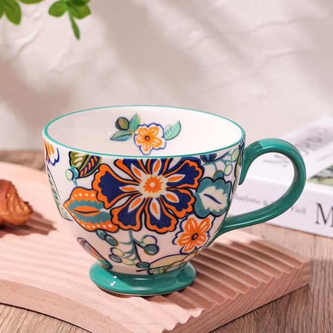 Autumn Handmade Large Ceramic Coffee Mug (20oz) Cute Cereal Vintage Flower Mugs Cozy Fall Gift Cup for Breakfast Oatmeal Tea & Hot Drinks with Floral Design