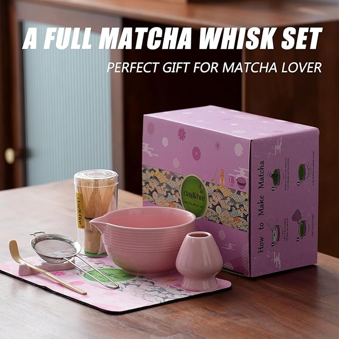 Clay&Fire Matcha Whisk Set, 9 pcs Ceramic Matcha Set, Gifts for Women,Matcha Bowl with Spout and Whisk, Matcha Kit for Matcha Lovers, Ideal Gift Christmas, Birthday, Anniversary(Pink)