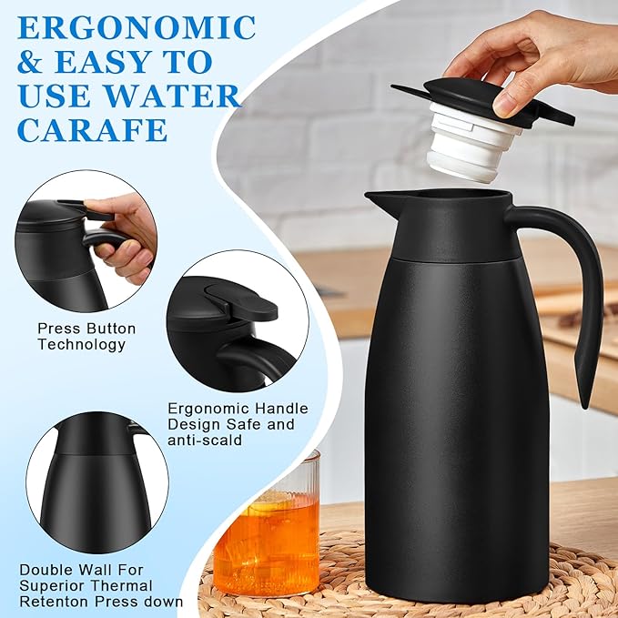 Uiifan 2 Pcs 68oz Thermal Coffee Carafe Insulated Stainless Steel Thermal Coffee Carafe Double Walled Vacuum Flask Carafes with Brushes for Keeping Tea for 12 Hours(Black, Silver)
