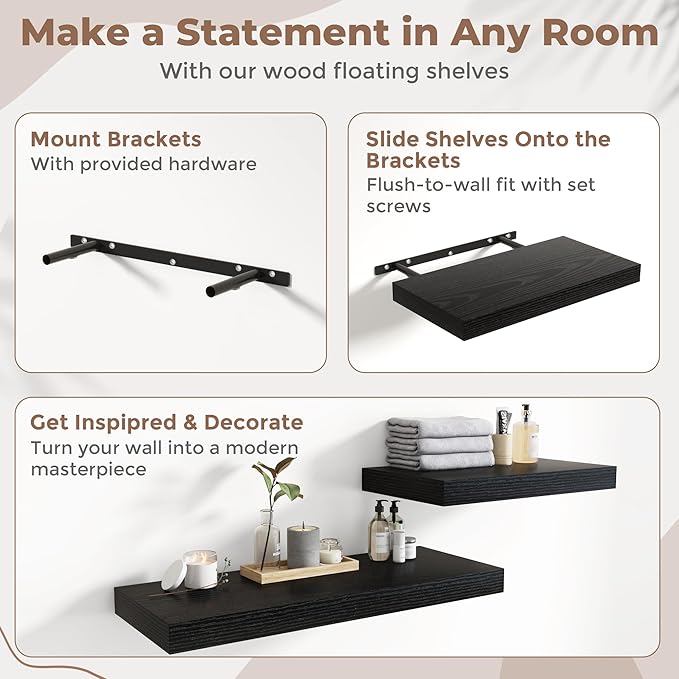 36 Inch Floating Shelves for Wall Set of 2, 12"D Wood Grain Bathroom Shelves with Invisible Brackets, Easy Install Engineered Wood Storage Shelves for Kitchen, Living Room, Bedroom, Black Finish