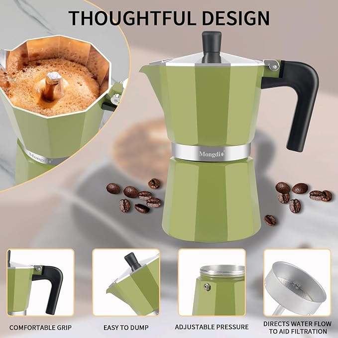 Mongdio Stovetop Espresso Maker Moka Pot, Stove Top Cuban Coffee Maker, Italian Greca Mocha Pot, 6 Espresso Cups, 10 oz - Green