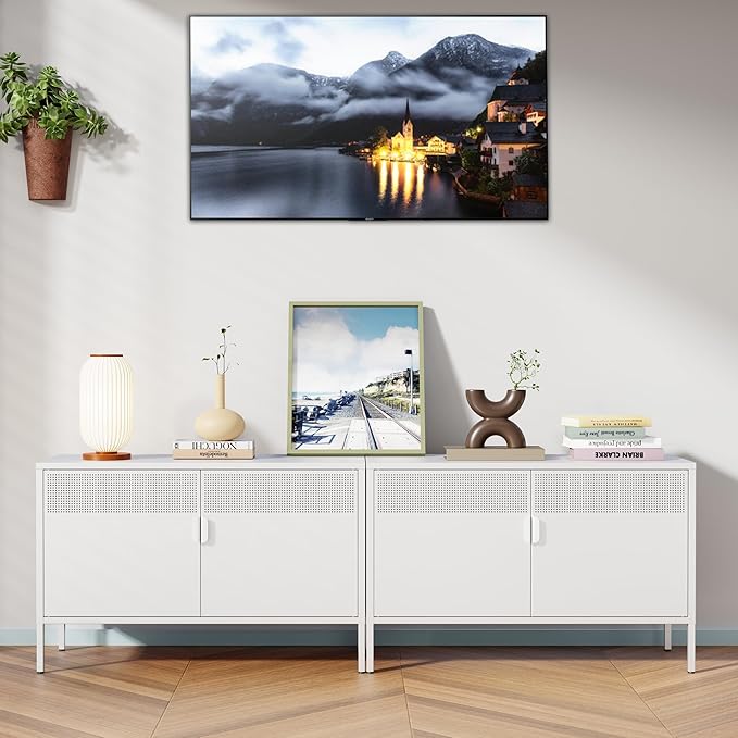 Metal Storage Cabinet with Doors,White Accent Cabinet,Metal Locker Storage Cabinets,2 Door TV Media Stand with Removable Shelves for,Home,Office,Entryway,Living Room