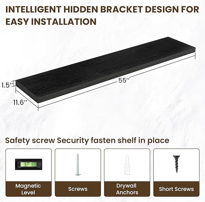 55 Inch Floating Shelves, 12 Inch Deep Floating Shelves for Wall, Floating Shelf with Invisible Brackets, Deep Shelves for Bathroom, Bedroom, Living Room, 1 Pack, Black