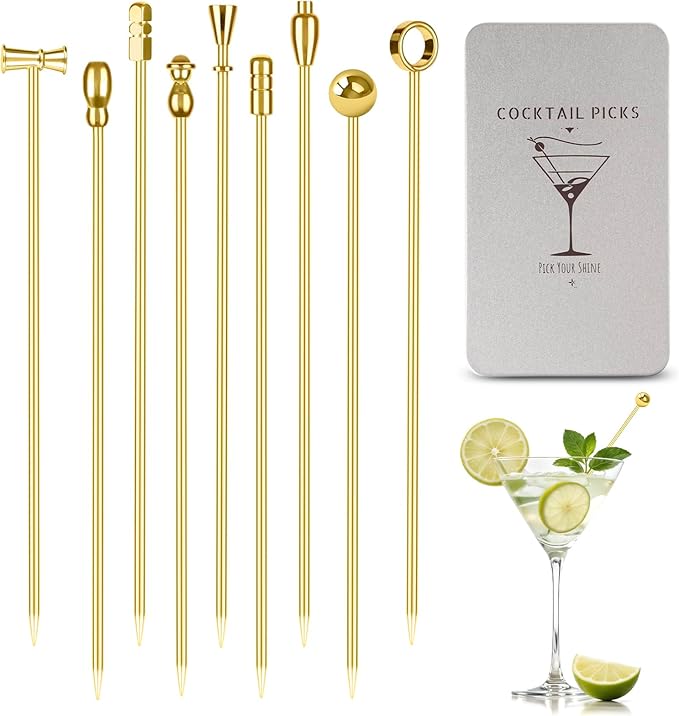 Metal Cocktail Martini Picks Gold, 4.1 in Olive Skewers Stainless Steel, Martini Garnish Sticks Reusable, Metal Toothpicks for Drinks, Appetizers, Cheese, Bar Accessories Supplies Gift - 9 Pcs