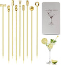 Metal Cocktail Martini Picks Gold, 4.1 in Olive Skewers Stainless Steel, Martini Garnish Sticks Reusable, Metal Toothpicks for Drinks, Appetizers, Cheese, Bar Accessories Supplies Gift - 9 Pcs