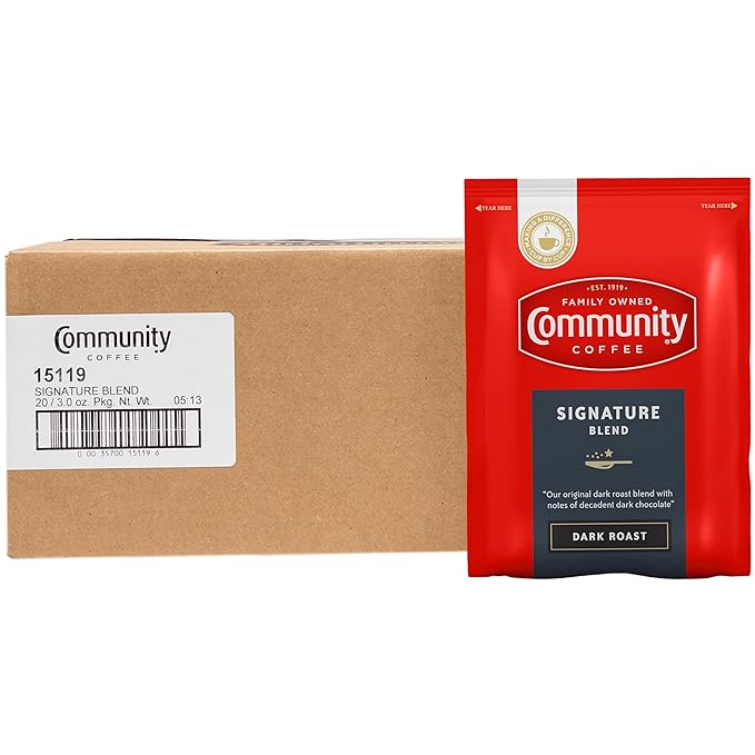 Community Coffee Signature Blend Pre-Measured Coffee Packs, Dark Roast, 3.0 oz Each (Box of 20)