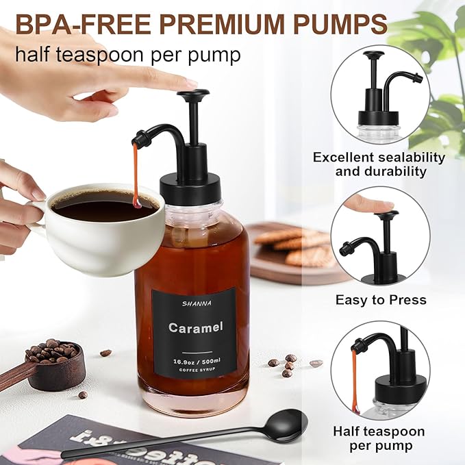 Coffee Syrup Dispenser for Coffee Bar, 16.9oz 500ml Glass Syrup Dispenser w Black Coffee Scoop, Coffee Syrup Pump Dispenser w 36 Labels and Bamboo Tray, Coffee Syrup Bottles with Black Pump, 4PCS