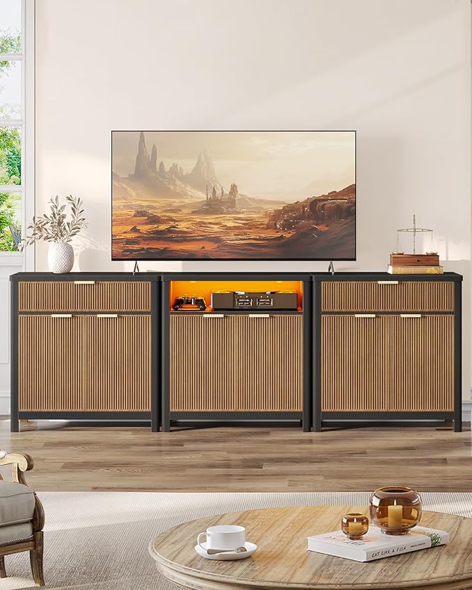 AOGLLATI Sideboard Buffet Storage Cabinet,Buffet Table with Storage & Led Lights, Coffee Bar Cabinet for Kitchen Entryway Living Room, Wood & Black