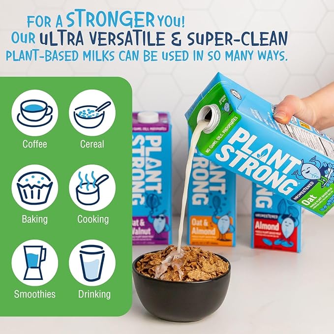 PLANTSTRONG Plant-Based Milks – Non-GMO, Plant-Based, Vegan, Gluten-Free, Dairy-Free, Lactose-Free, Shelf-Stable, No Gums or Oils (Pack of 6 (32 Fl. Oz.), Oat w/Recipe Guide)