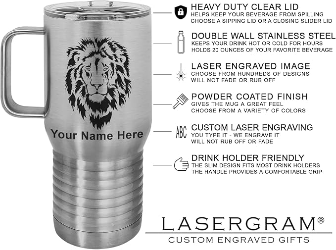 LaserGram 20oz Vacuum Insulated Travel Mug with Handle, Tiki Statue, Personalized Engraving Included (Stainless Steel)