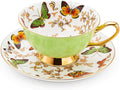 LURRIER Coffee Cup Mug with Saucer for Latte, Cappuccino Tea with Butterflies 6.8 Oz Fine Bone China, Dishwasher Safe, Reactive Glaze, 1 Pcs (Green)