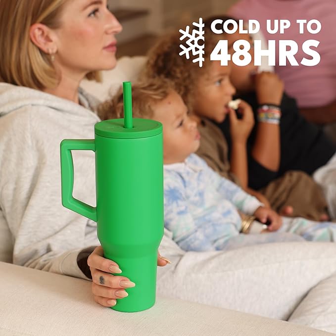 Elemental 40 oz Tumbler with Handle and Straw - Spill Proof Insulated Stainless Steel Commuter for Hot and Cold Beverages - Travel Coffee Mug with 2 Straws & Spill Proof Lid - 40oz - Green