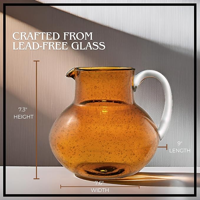 Artland Iris 90 Oz Handblown Glass Pitcher - Bubble Shape, Lead-Free - Versatile Drink Dispenser for Water, Juice, Cocktails - Enhanced Kitchen Decor, Dishwasher Safe (Amber)