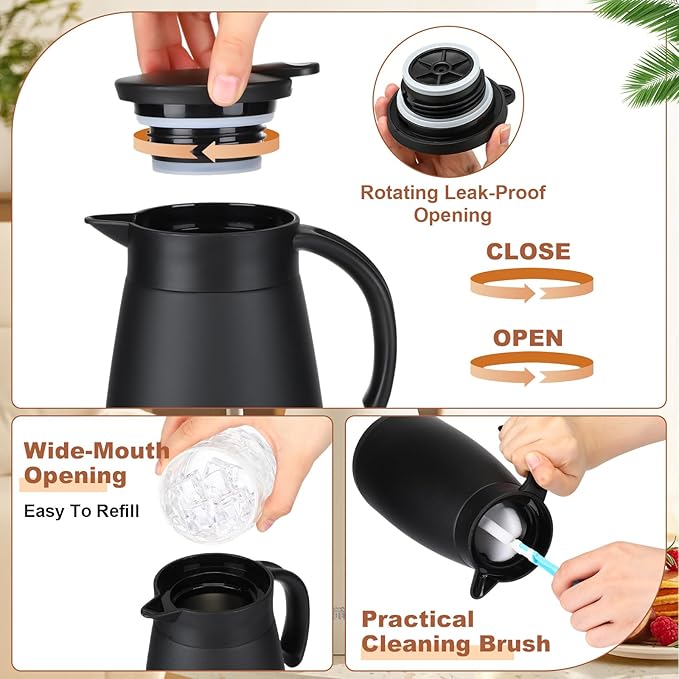 Uiifan 2 Pcs 51 Oz Thermal Coffee Carafe Stainless Steel Insulated Vacuum Coffee Carafes Double Walled Vacuum Thermal Pot Flask with Brushes for Keeping Cold Hot Tea Water Milk Home Office (Black)