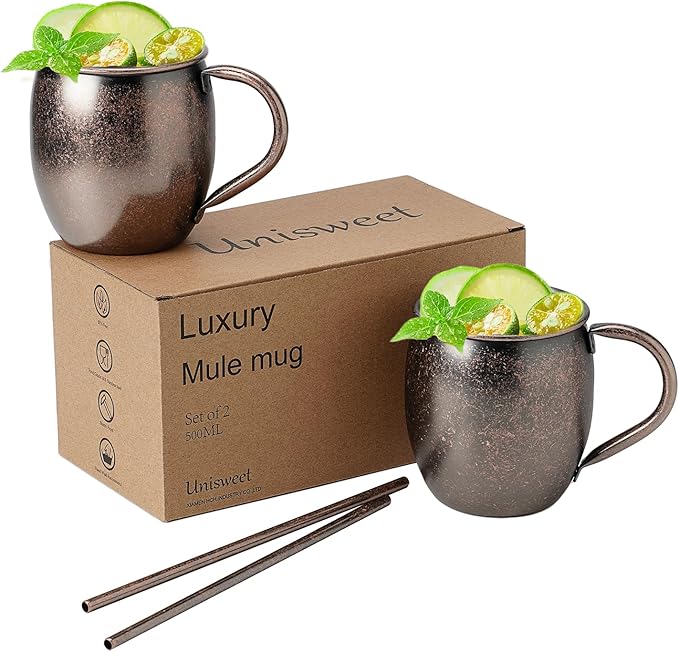 Moscow Mule MugsSet of 2-18 Oz Copper-Plated Fine Craftsmanship Etched Mugs,304 Stainless Steel-Lined Mule Cups,For Cold Drinks, Beer, Wine, Bars, Parties