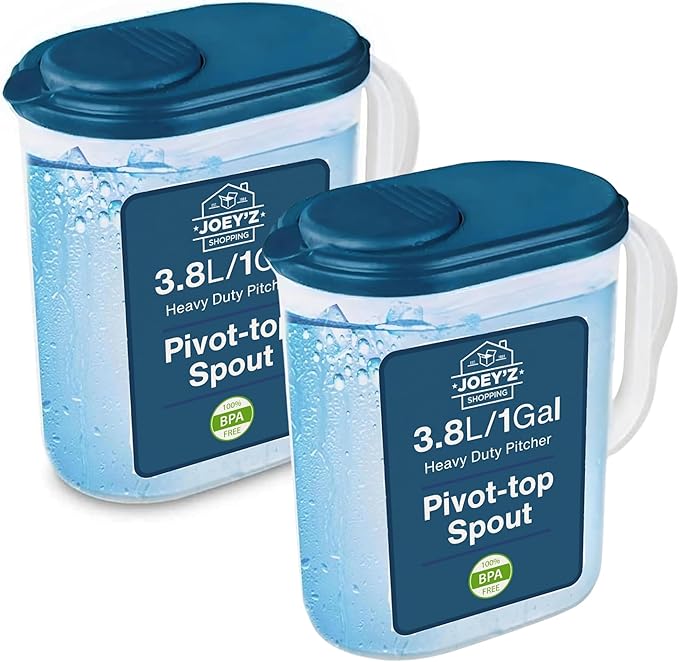 2-Pack Water Pitcher with Lid & Pivot Top Spout 1 Gallon Pitcher - Slim Design Fits Fridge Door - Freezer/Dishwasher Safe, BPA Free & Phthalate Free - Navy