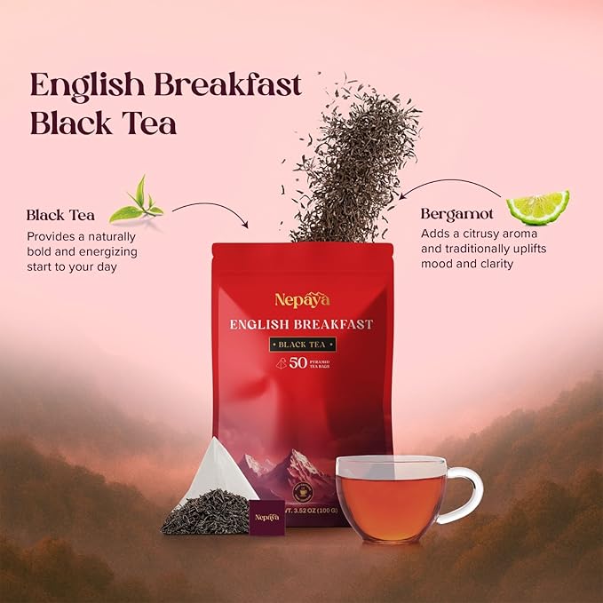 Nepaya English Breakfast Black Tea – 50 Pyramid Tea Bags, Strong & Robust, High Caffeine, Biodegradable, Himalayan Whole-Leaf